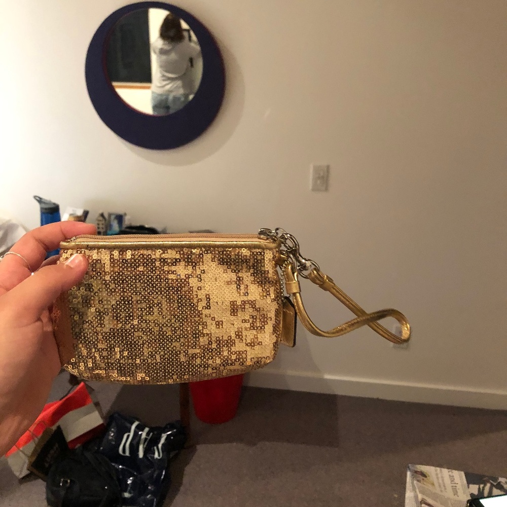 gold sequin clutch